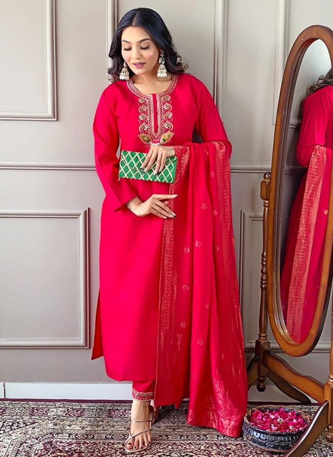 Viscose Chanderi Pink Traditional Wear Sequins Work Readymade Straight Suit